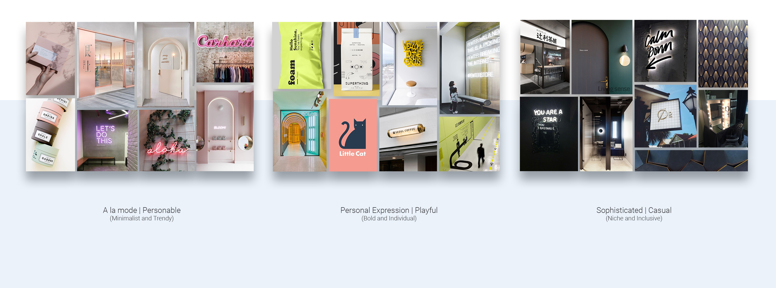 moodboards with 3 different concepts for the brand (from left-right: personable, playful, and casual)