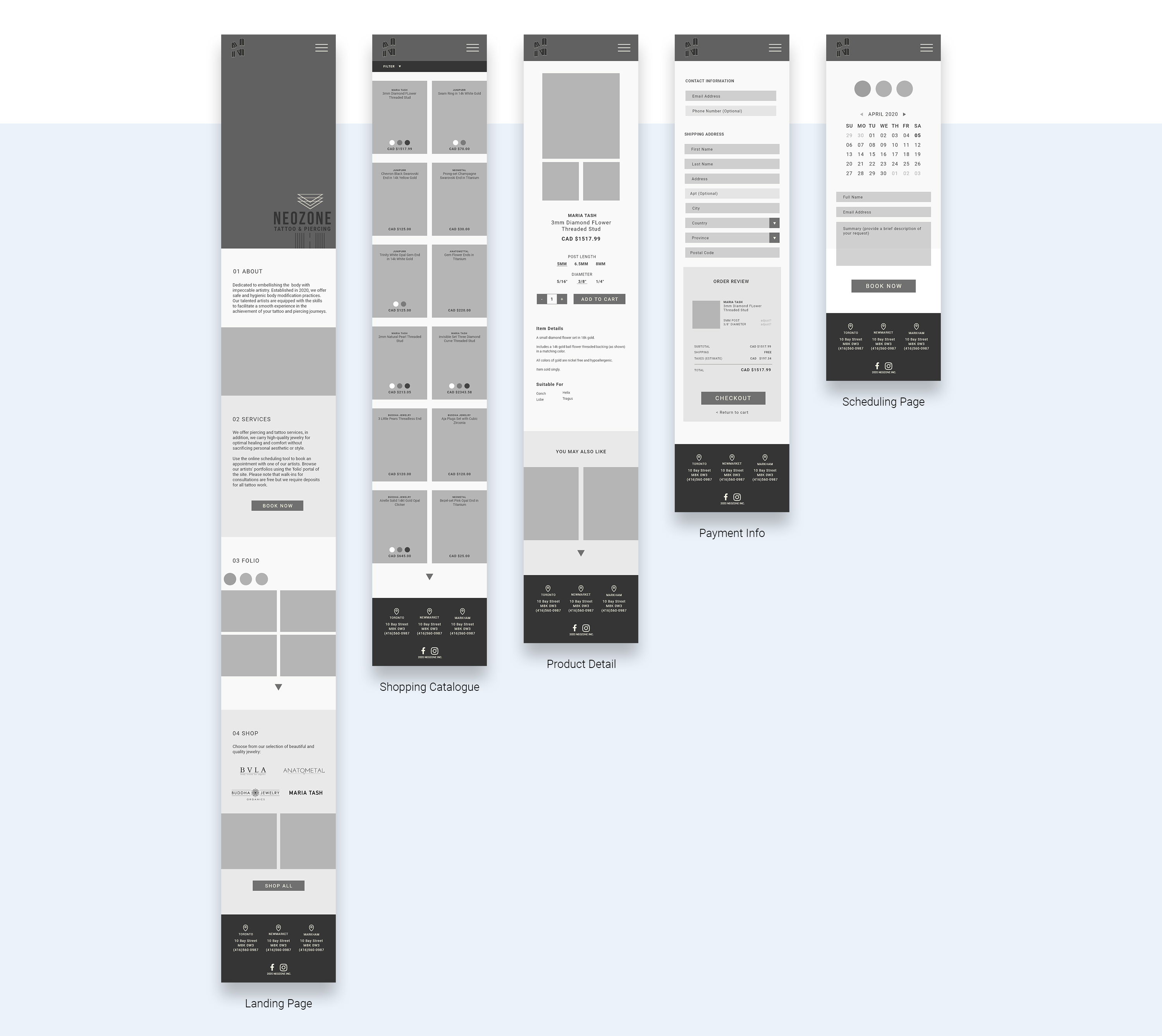 mobile wireframes for proposed ecommerce site